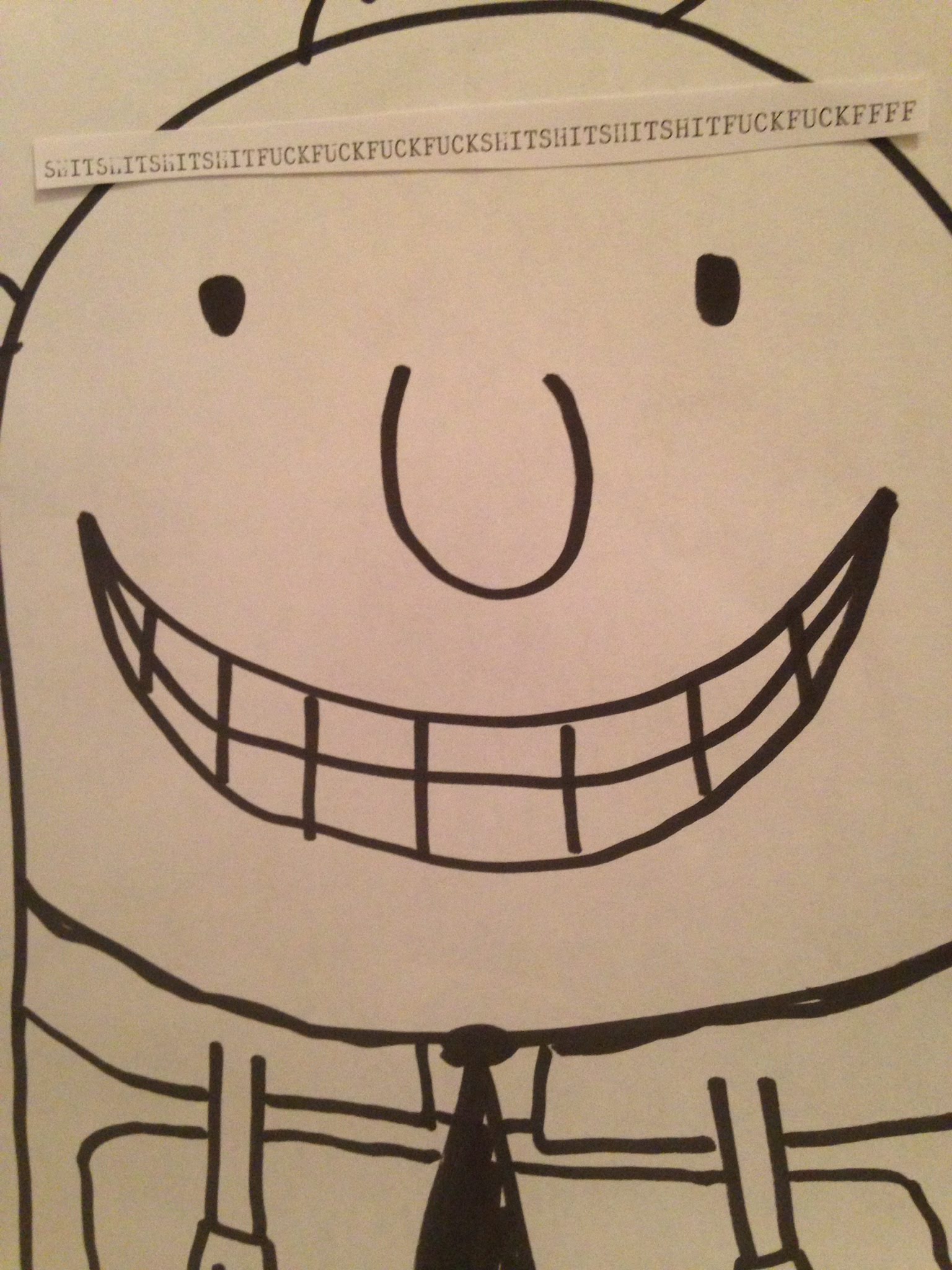 a drawing of a man with long legs, glasses and a tie featuring the words 'SHITSHITSHITSHITFUCKFUCKSHITSHITSHITSHITSHITSHIT' typed on a typewriter
